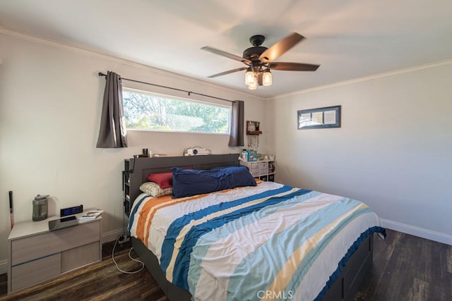 bedroom with crown molding, ceiling fan, dark wood-style flooring, and baseboards