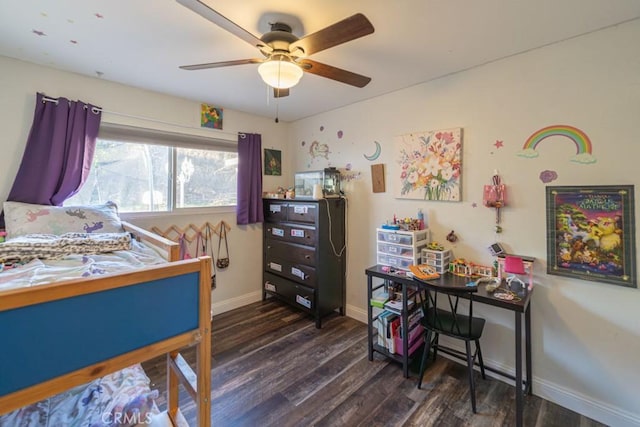 bedroom featuring ceiling fan, baseboards, and dark wood-type flooring