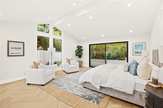 bedroom featuring lofted ceiling with beams, access to exterior, baseboards, and recessed lighting