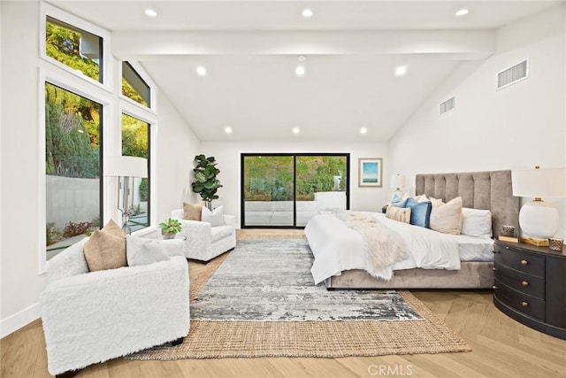 bedroom featuring lofted ceiling with beams, visible vents, and access to exterior