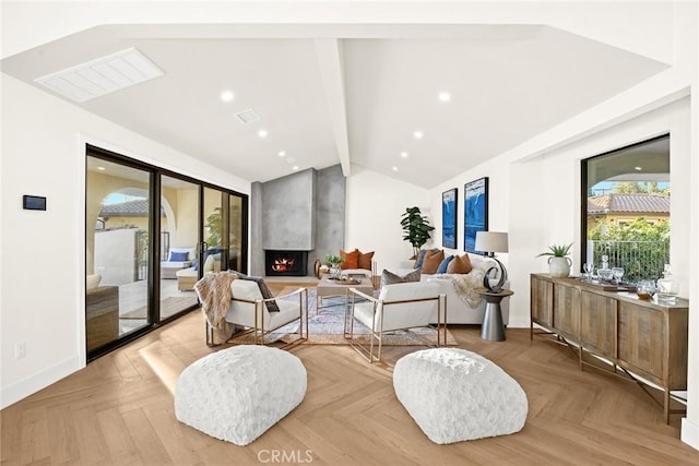 living area with plenty of natural light, a large fireplace, vaulted ceiling with beams, and baseboards