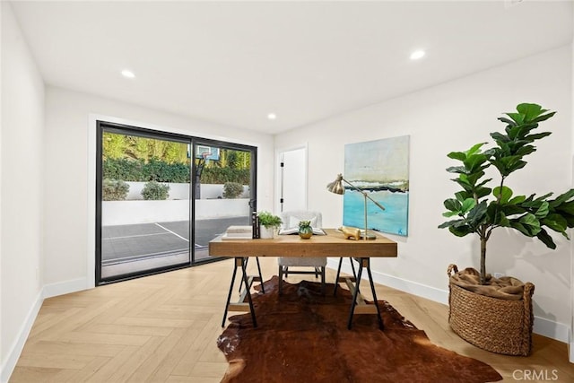 office with baseboards and recessed lighting