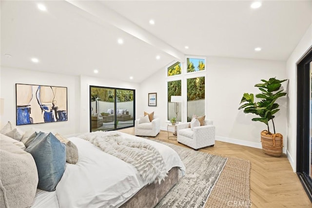 bedroom with lofted ceiling with beams, recessed lighting, baseboards, and access to exterior