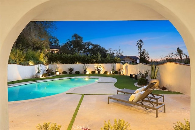 view of pool featuring a patio, a fenced backyard, and a fenced in pool