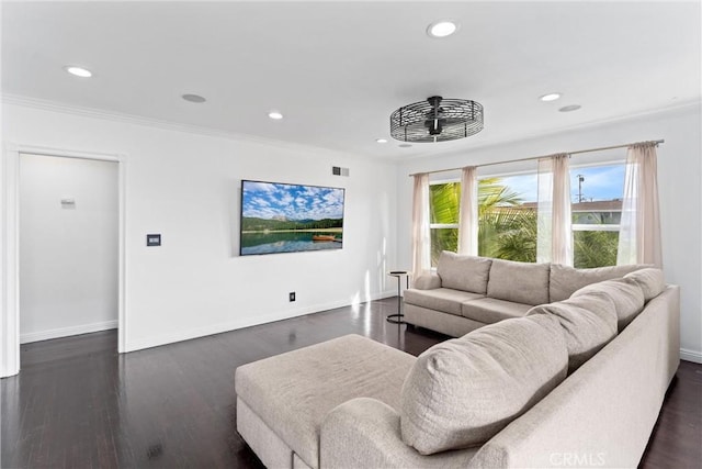 living room with baseboards, dark wood-style flooring, and recessed lighting