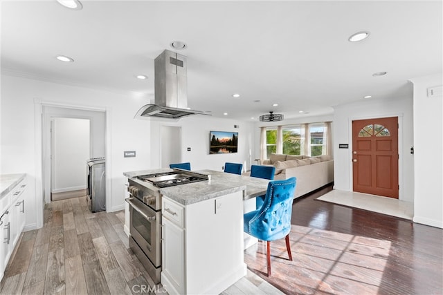 kitchen featuring open floor plan, high end stove, white cabinetry, and island range hood