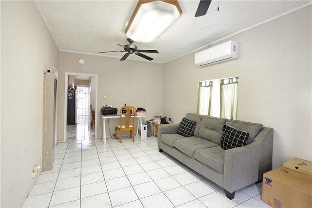 living room featuring light tile patterned floors, ornamental molding, a ceiling fan, and a wall mounted AC