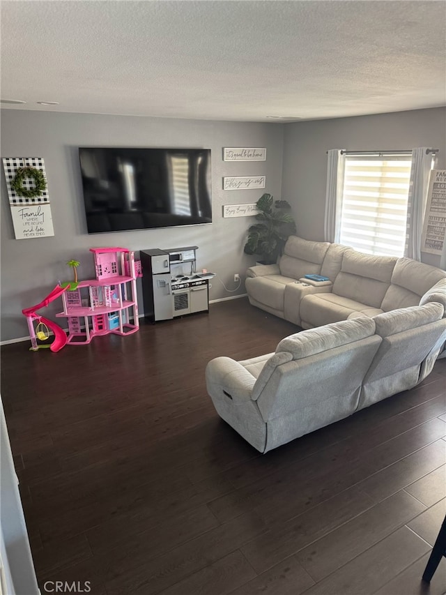living room with wood finished floors and a textured ceiling