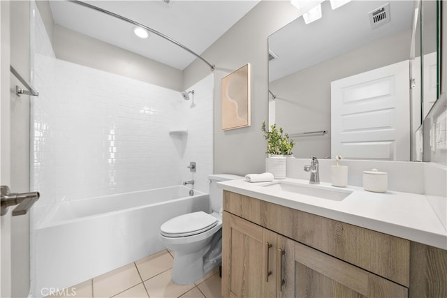 bathroom featuring visible vents, toilet, vanity, shower / tub combination, and tile patterned flooring