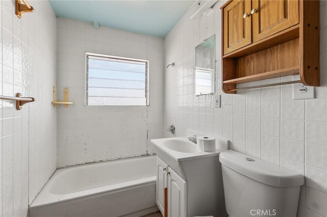 full bath with tile walls, shower / bathtub combination, backsplash, toilet, and vanity