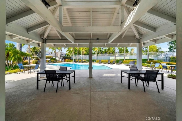 view of pool featuring fence, a fenced in pool, and a patio