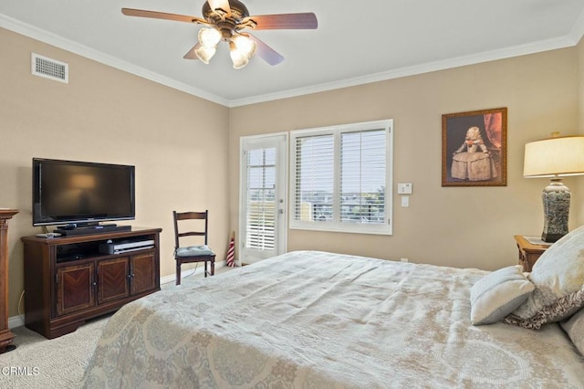 carpeted bedroom with a ceiling fan, access to exterior, visible vents, baseboards, and ornamental molding