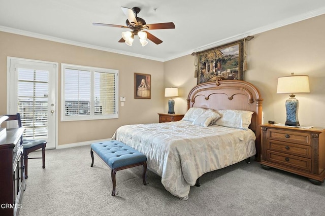 bedroom with baseboards, light colored carpet, ceiling fan, access to outside, and crown molding