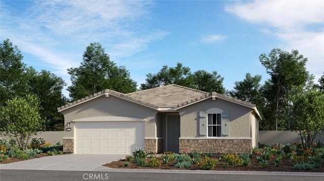 ranch-style house with a tile roof, stucco siding, concrete driveway, a garage, and stone siding