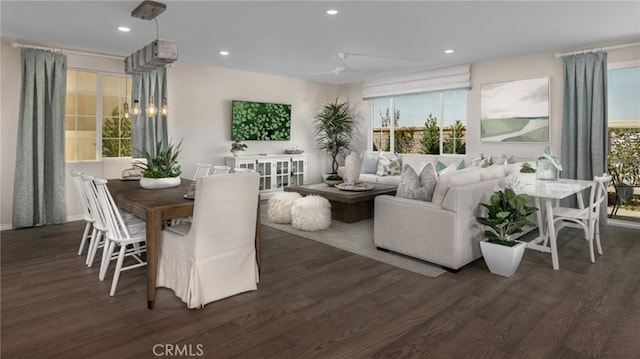 dining space with recessed lighting and dark wood finished floors