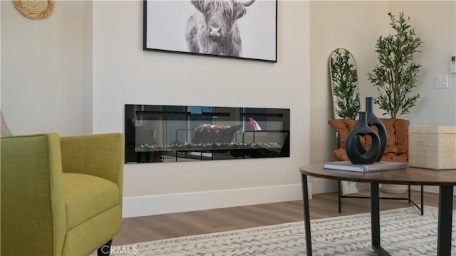 interior space with a glass covered fireplace, baseboards, and wood finished floors