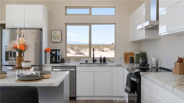 kitchen featuring white cabinetry, range hood, appliances with stainless steel finishes, and a sink