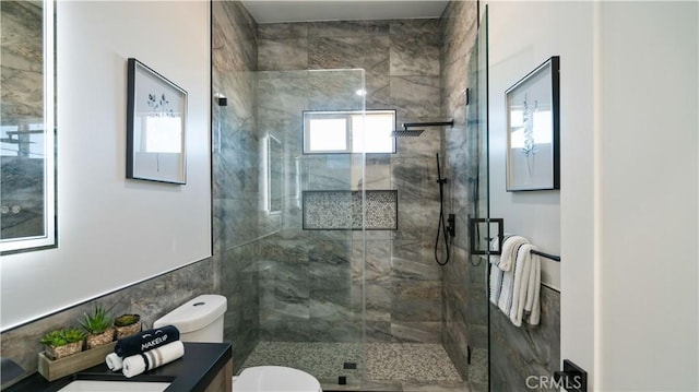 bathroom with vanity, a shower stall, and toilet