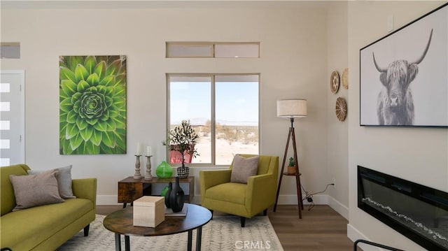 living area with a glass covered fireplace, wood finished floors, and baseboards