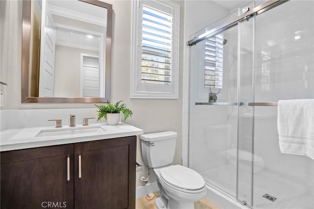 58 Sagan Way, Irvine, CA 92618 - full bathroom featuring toilet, vanity, a stall shower, and crown molding