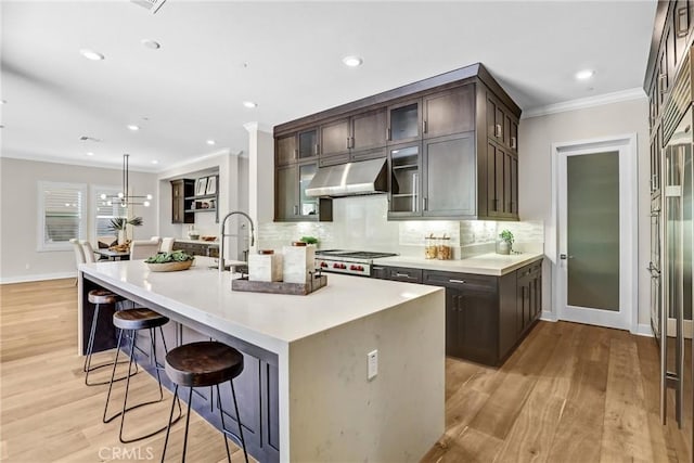 58 Sagan Way, Irvine, CA 92618 - kitchen featuring under cabinet range hood, a breakfast bar area, ornamental molding, light wood-type flooring, and tasteful backsplash