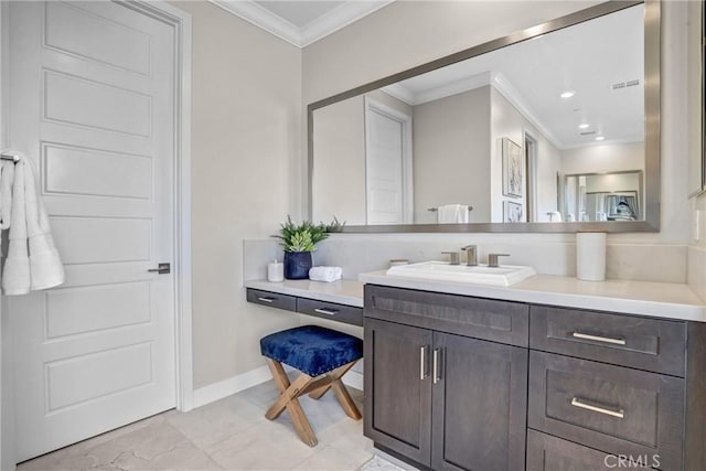 58 Sagan Way, Irvine, CA 92618 - bathroom featuring ornamental molding, vanity, marble finish floors, baseboards, and recessed lighting