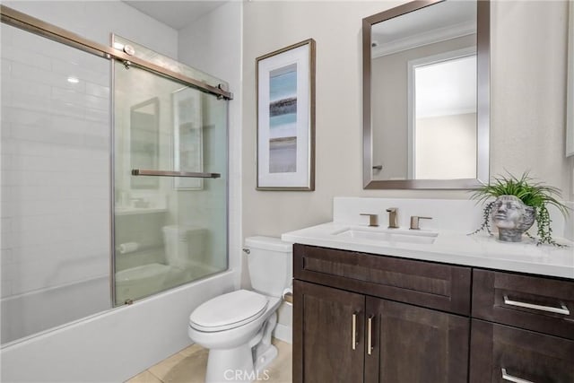 58 Sagan Way, Irvine, CA 92618 - bathroom with vanity, toilet, crown molding, bath / shower combo with glass door, and tile patterned floors
