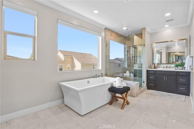 58 Sagan Way, Irvine, CA 92618 - full bathroom with crown molding, a stall shower, baseboards, vanity, and a soaking tub