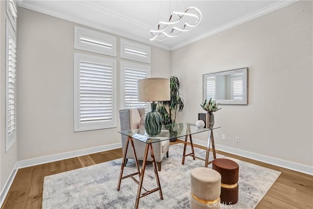 58 Sagan Way, Irvine, CA 92618 - office space with crown molding, a chandelier, baseboards, and wood finished floors