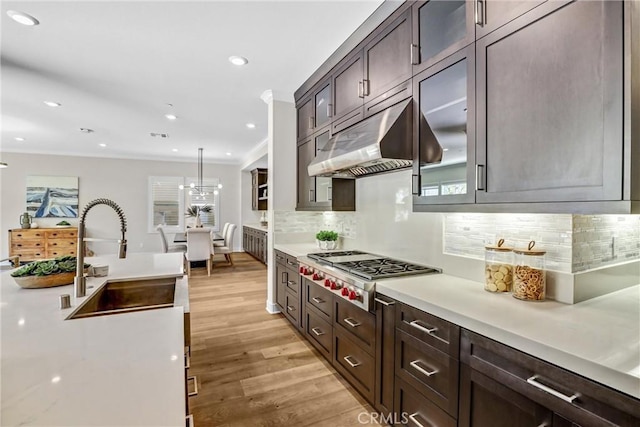 58 Sagan Way, Irvine, CA 92618 - kitchen featuring a sink, light countertops, light wood-type flooring, under cabinet range hood, and crown molding