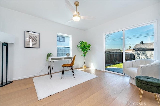 office area featuring a ceiling fan, a healthy amount of sunlight, light wood-style flooring, and baseboards