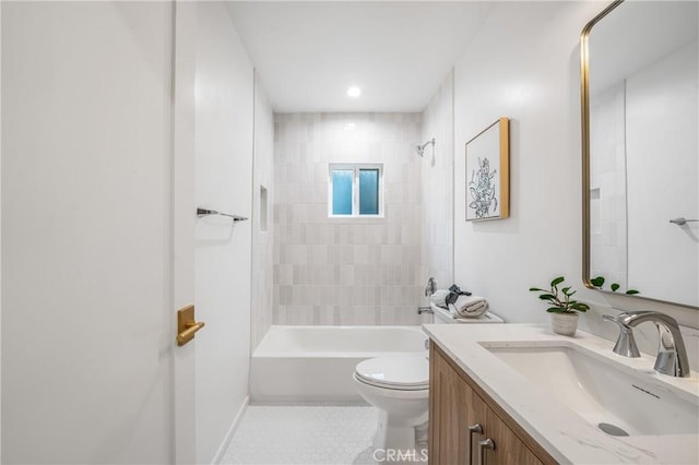 full bath featuring shower / bathtub combination, toilet, and vanity