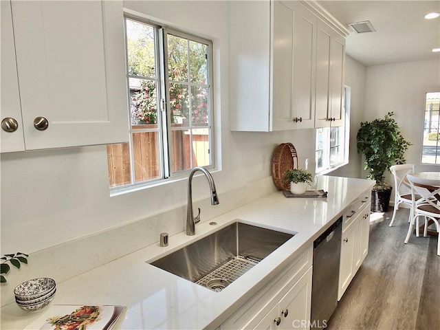 kitchen featuring white cabinets, a sink, stainless steel dishwasher, and wood finished floors