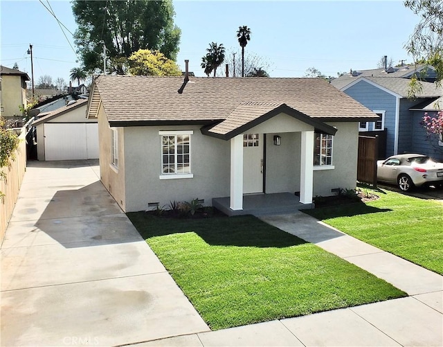 view of front of house with crawl space, roof with shingles, and a front lawn