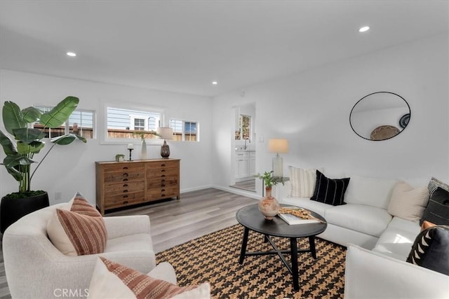 living room featuring baseboards, wood finished floors, and recessed lighting