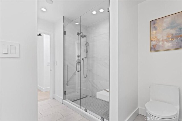 1409 Havenhurst Dr Unit 3, West Hollywood, CA 90046 - full bathroom with tile patterned floors, recessed lighting, a shower stall, and baseboards