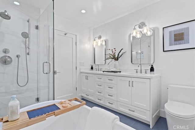 1409 Havenhurst Dr Unit 3, West Hollywood, CA 90046 - full bath with double vanity, a stall shower, toilet, and a sink