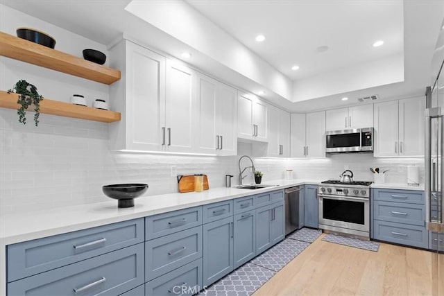 1409 Havenhurst Dr Unit 3, West Hollywood, CA 90046 - kitchen featuring white cabinets, stainless steel appliances, light wood-type flooring, and a sink