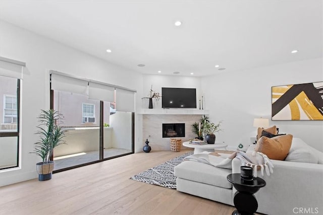 living area featuring recessed lighting, wood finished floors, and a premium fireplace