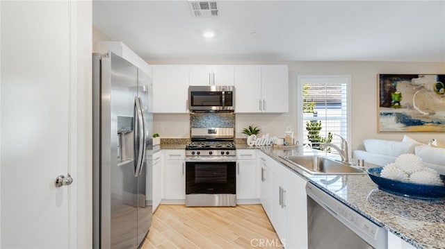 kitchen with visible vents, white cabinets, stainless steel appliances, light wood-style floors, and a sink