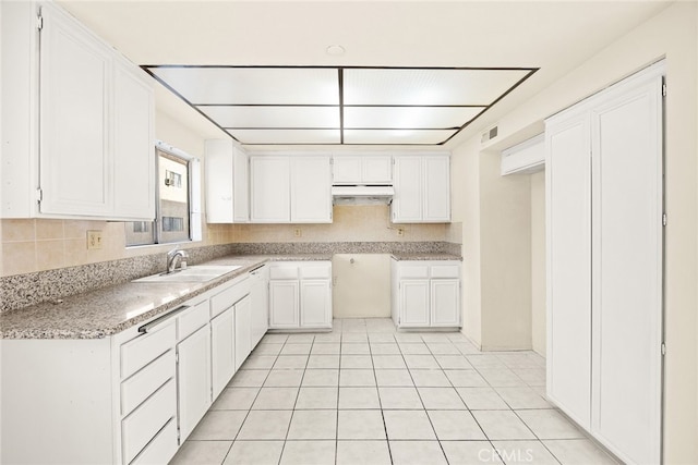 11331 Elliott Ave Unit 21, El Monte, CA 91732 - kitchen featuring a sink, under cabinet range hood, tasteful backsplash, and white cabinetry