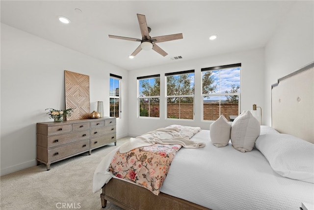 bedroom featuring carpet floors, recessed lighting, visible vents, a ceiling fan, and baseboards