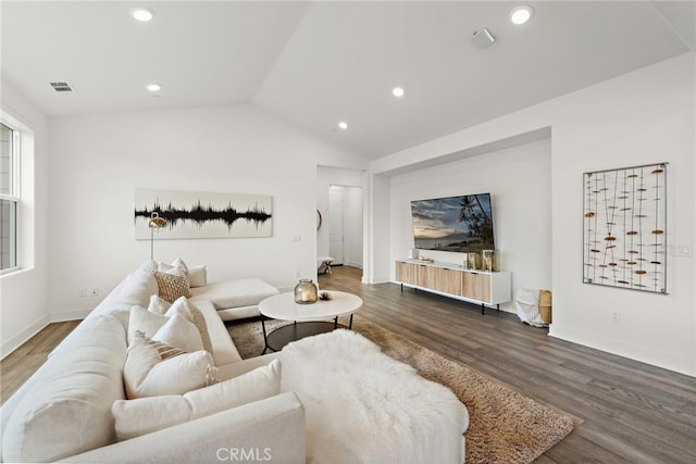 living area featuring baseboards, visible vents, wood finished floors, vaulted ceiling, and recessed lighting