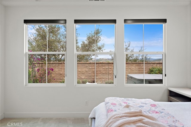 bedroom featuring carpet flooring, visible vents, and baseboards