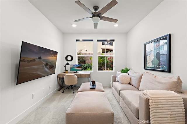 office area featuring a ceiling fan, carpet, baseboards, and recessed lighting