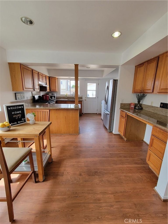 kitchen with under cabinet range hood, recessed lighting, appliances with stainless steel finishes, a peninsula, and wood finished floors