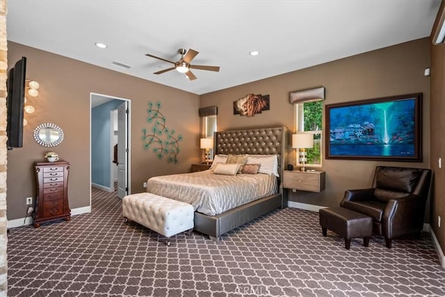 bedroom with carpet, visible vents, baseboards, and recessed lighting