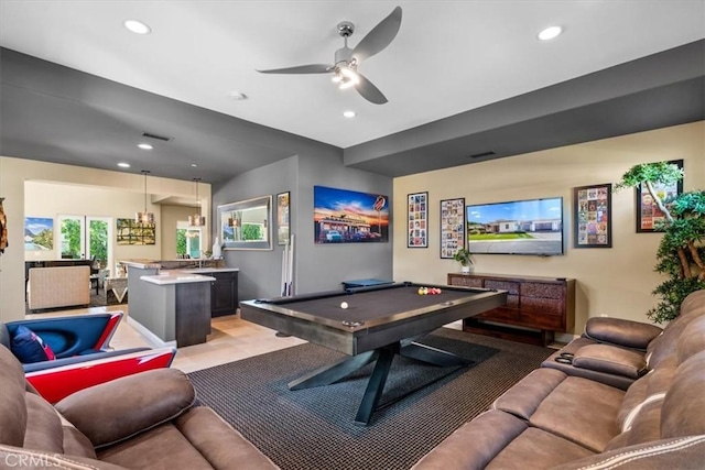 recreation room with billiards, a ceiling fan, and recessed lighting