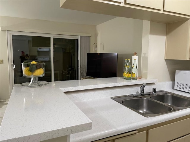 kitchen featuring white microwave and a sink