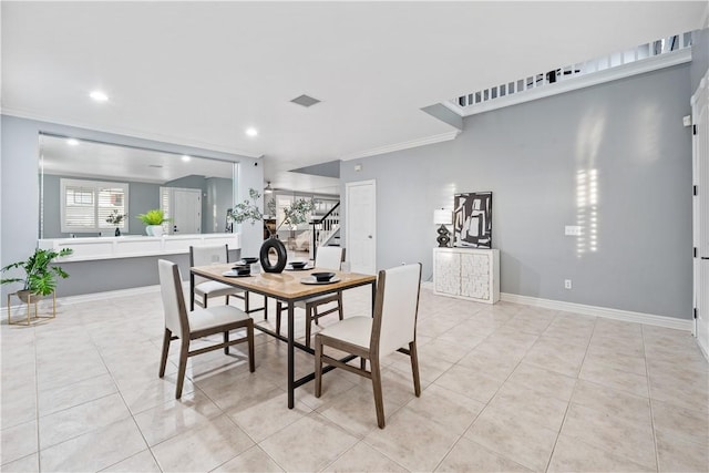 dining area featuring light tile patterned floors, baseboards, stairway, ornamental molding, and recessed lighting